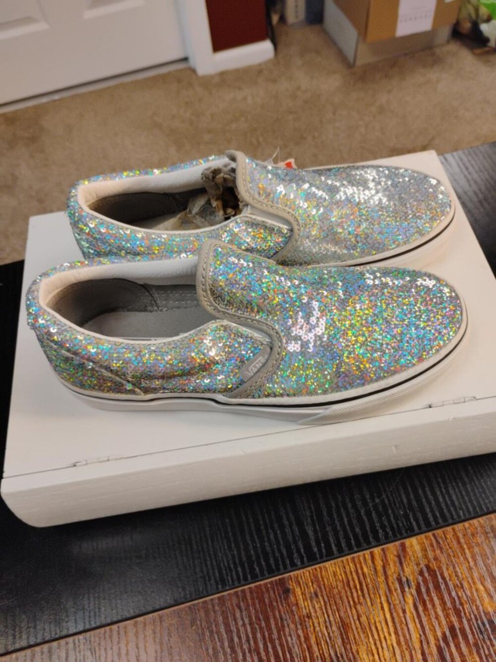 NWT Vans Kids 3 Classic Slip-On Silver Holographic Sequin Sneakers